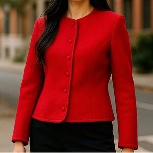 LANDS END Petite Red Boucle Wool Button Cardigan Sweater Vintage Grandmacore 8P